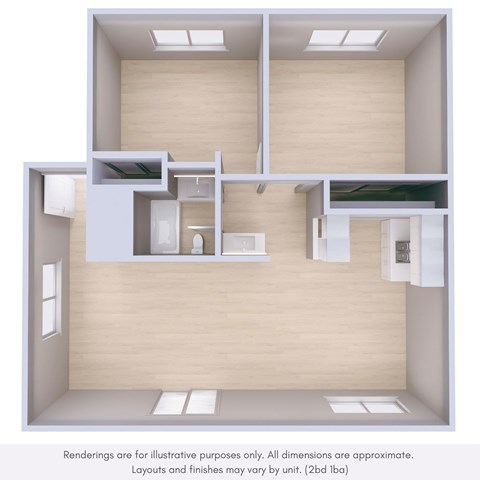 Floor plan for 2 beds, 1 bath, 852 sqft